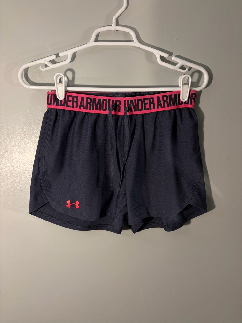 Under Armour Women's Dark Grey Shorts with Pink Branded Waistband